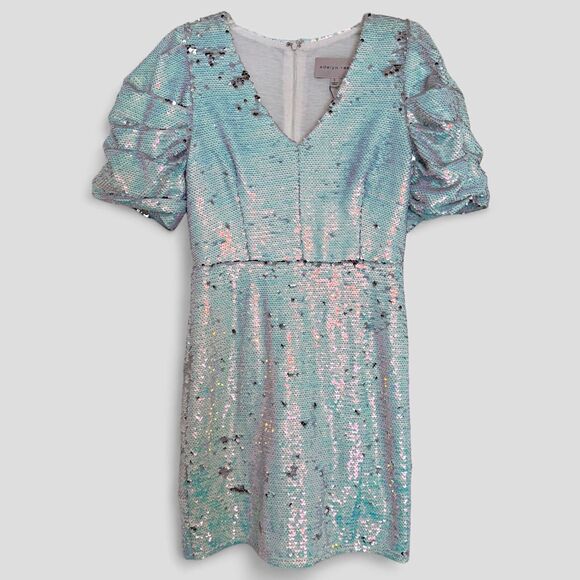 NWT Adelyn Rae Karris Mini Dress Iridescent Sequin Puff Sleeves V-Neck Sz Small - Picture 1 of 10